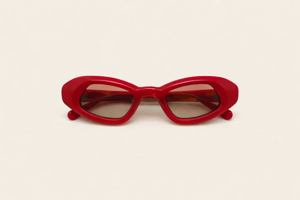 Rowan glasses in oxblood red and tinted lens